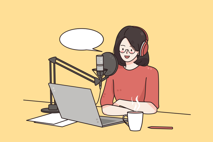 illustration of a lady with a laptop and a microphone