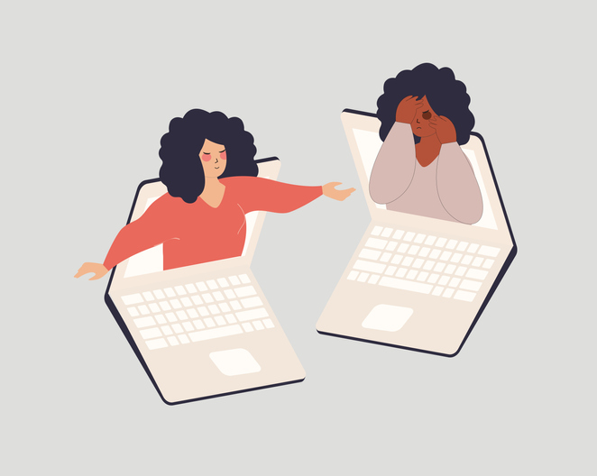 vector art of two ladies popping out of two laptops